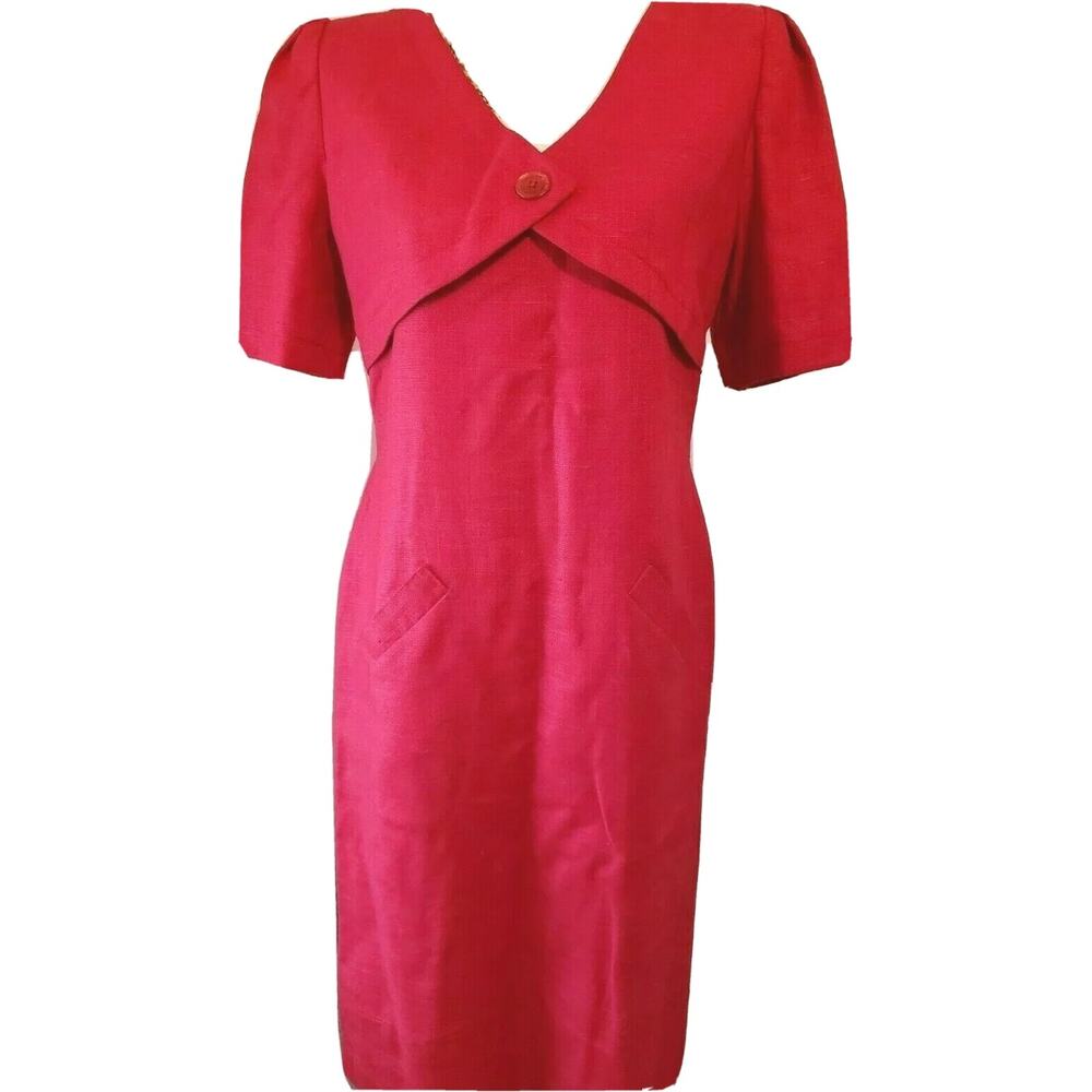 WILLIAM PEARSON Vintage Red Linen Lined Short Sleeve Sheath Dress Size 8/10